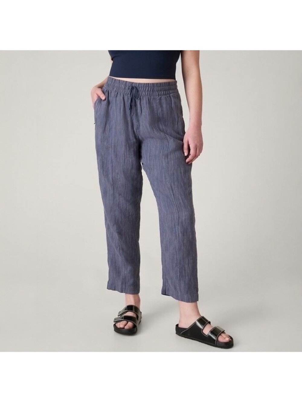Athleta Retreat Linen High Rise Ankle Drawstring Pants Blue Medium PullOn Pocket